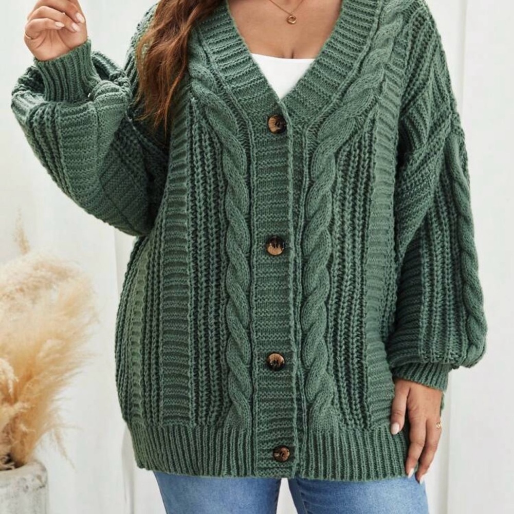 Green Cable Knit Cardigan Sweater